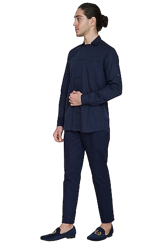 Navy Blue Pleated Trouser Pants by Shikha Malik Men
